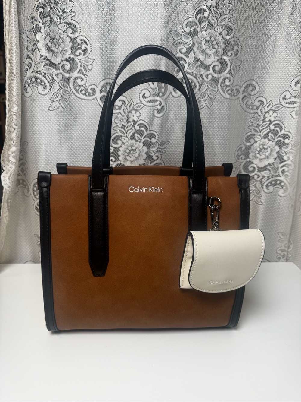 Calvin Klein Millie Colorblock Satchel Bag Brown Black White Pouch 2 in 1
